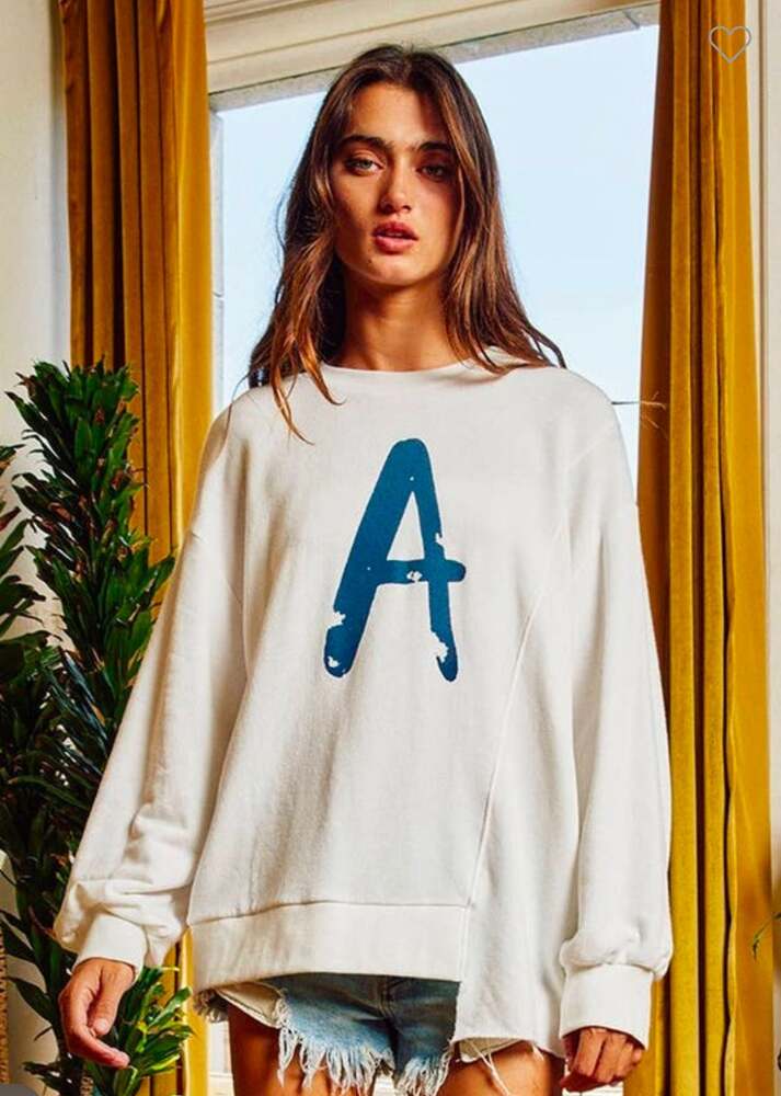 Asymmetrical Cotton Sweatshirt with Blue  
 Letter 'A' NWT